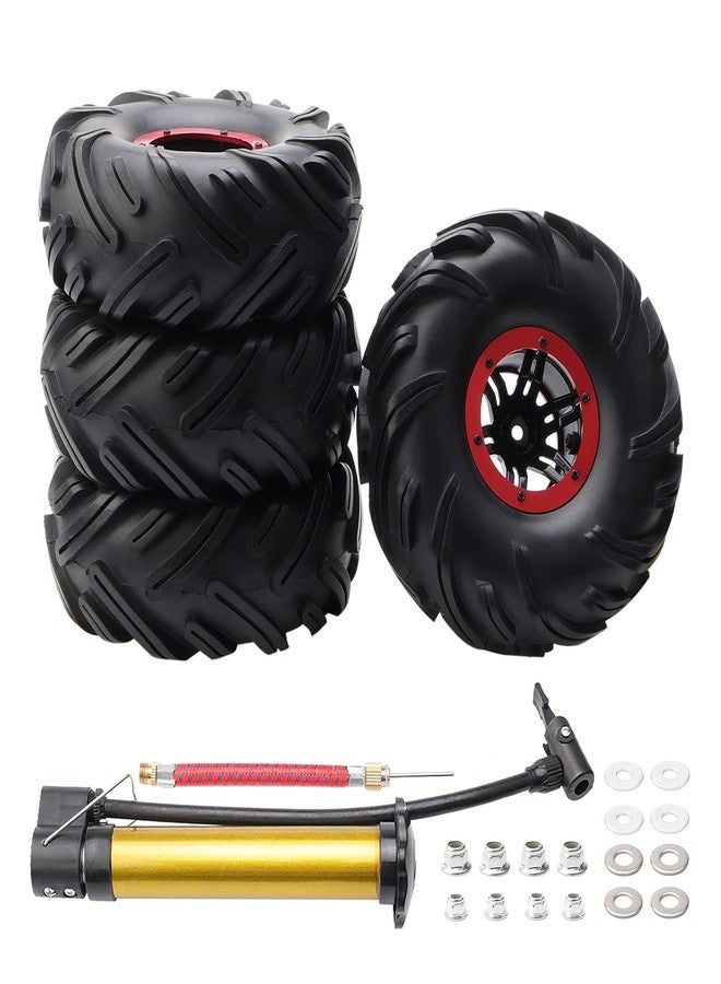 Rchobbytop 4pcs RC 2.2 Inch Crawler Tires Inflatable OD 140mm Mud Badland Tractor Tread Tyres and 12mm Wheel Rims Lock Nuts for 1:10 Monster Truck Crawling Car Traxxas Maxx Axial RC4WD, Red - Image 1